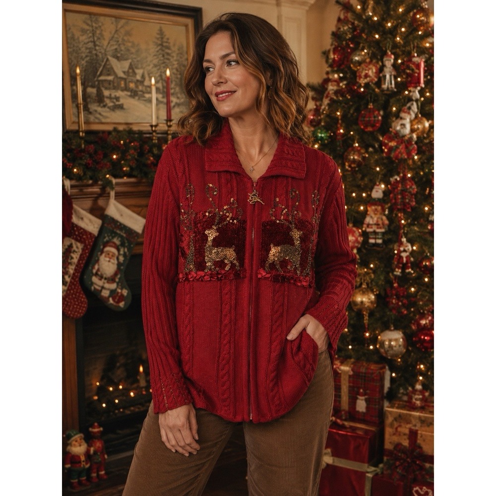 Vtg Storybook Knits Red Sequin Reindeer Full Zip Cardigan Sweater Med Christmas